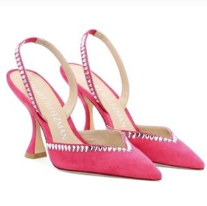 💕🔹️STUART WEITZMAN 🔹️ Pink Made In Spain Suede Xcurve 100 Slingback Pumps